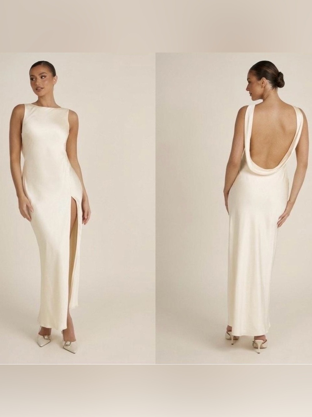 NWT Meshki Cream Backless Cowl Neck Maxi Dress with Side Slit sz S